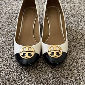 Tory Burch Two-Tone Black and White Patent Cap-Toe Flats with Gold Logo